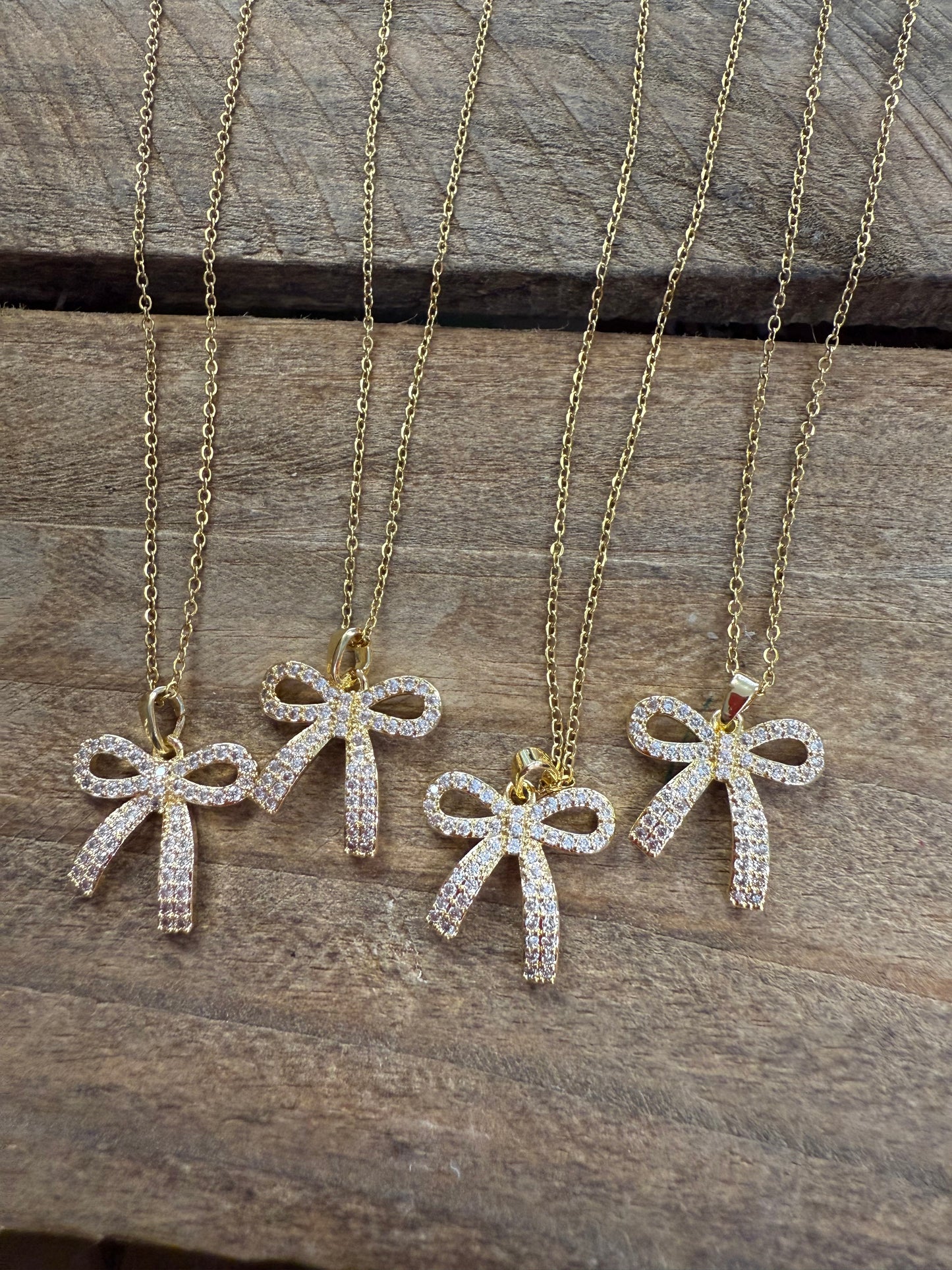 Gold Rhinestone Bow Necklace