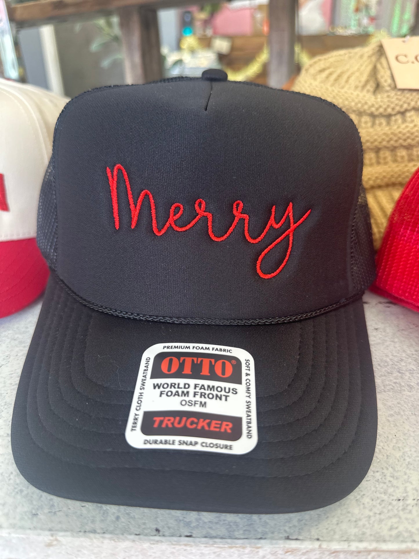 Embroidered Merry Cursive Trucker Hat