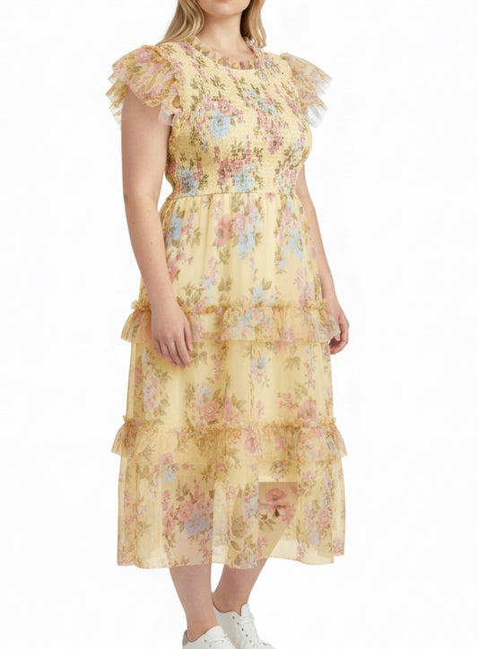 Yellow Floral & Tulle Dreams Curvy Dress