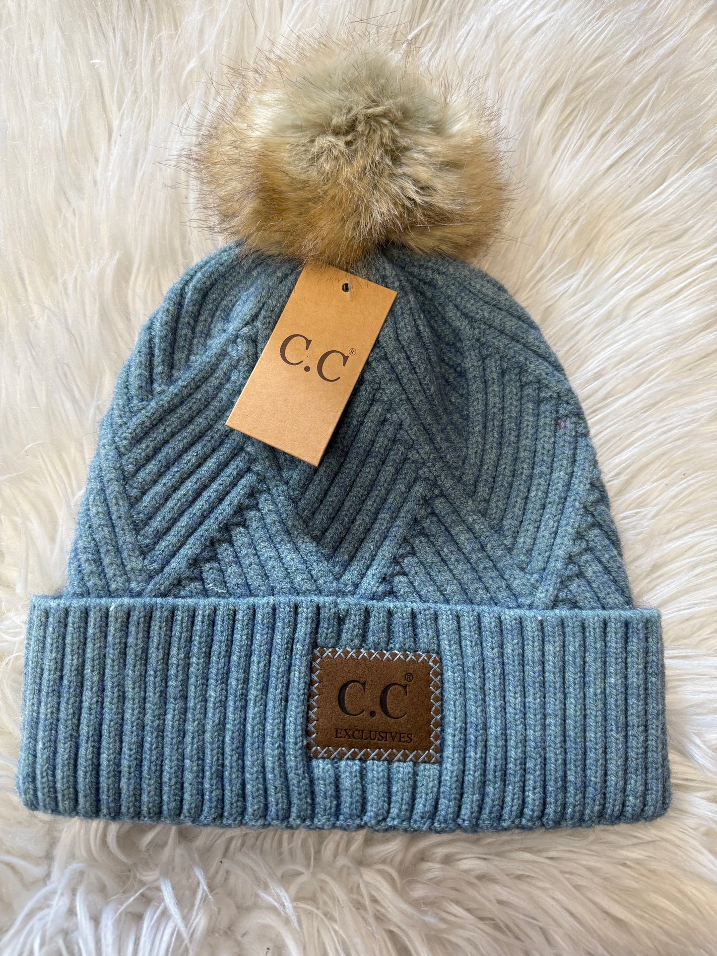 C.C Textured Beanie With Pom Blue