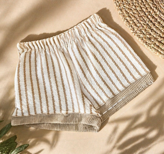 Beige Stripes Textured Shorts