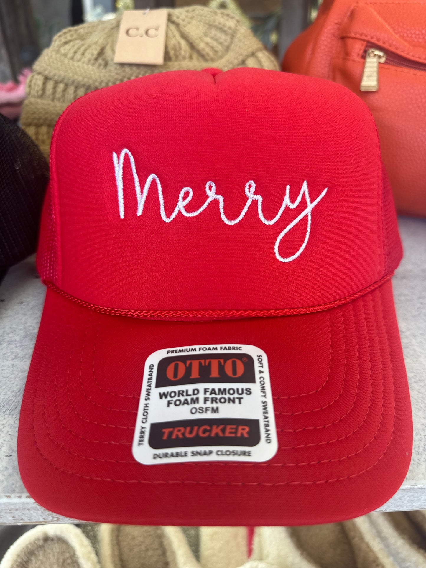 Embroidered Merry Cursive Trucker Hat