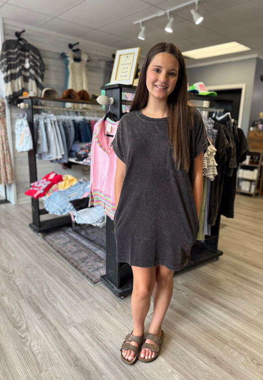 Washed Black Pocket T Dress