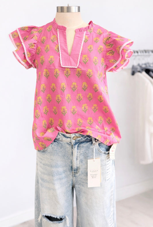 Pink Ruffle Sleeve Blouse