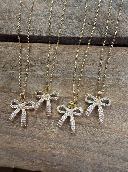 Gold Rhinestone Bow Necklace