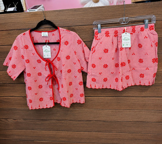 Red & White Gingham Embroidered Shorts Set