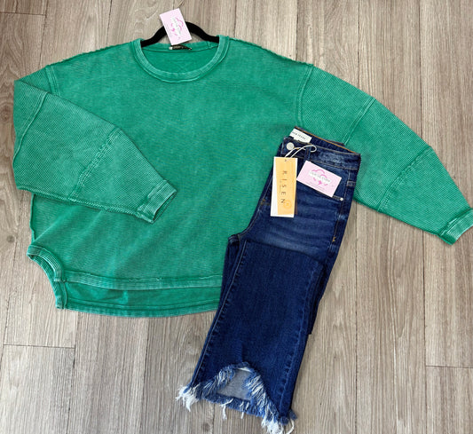 Green Oversized Ribbed Sweatshirt