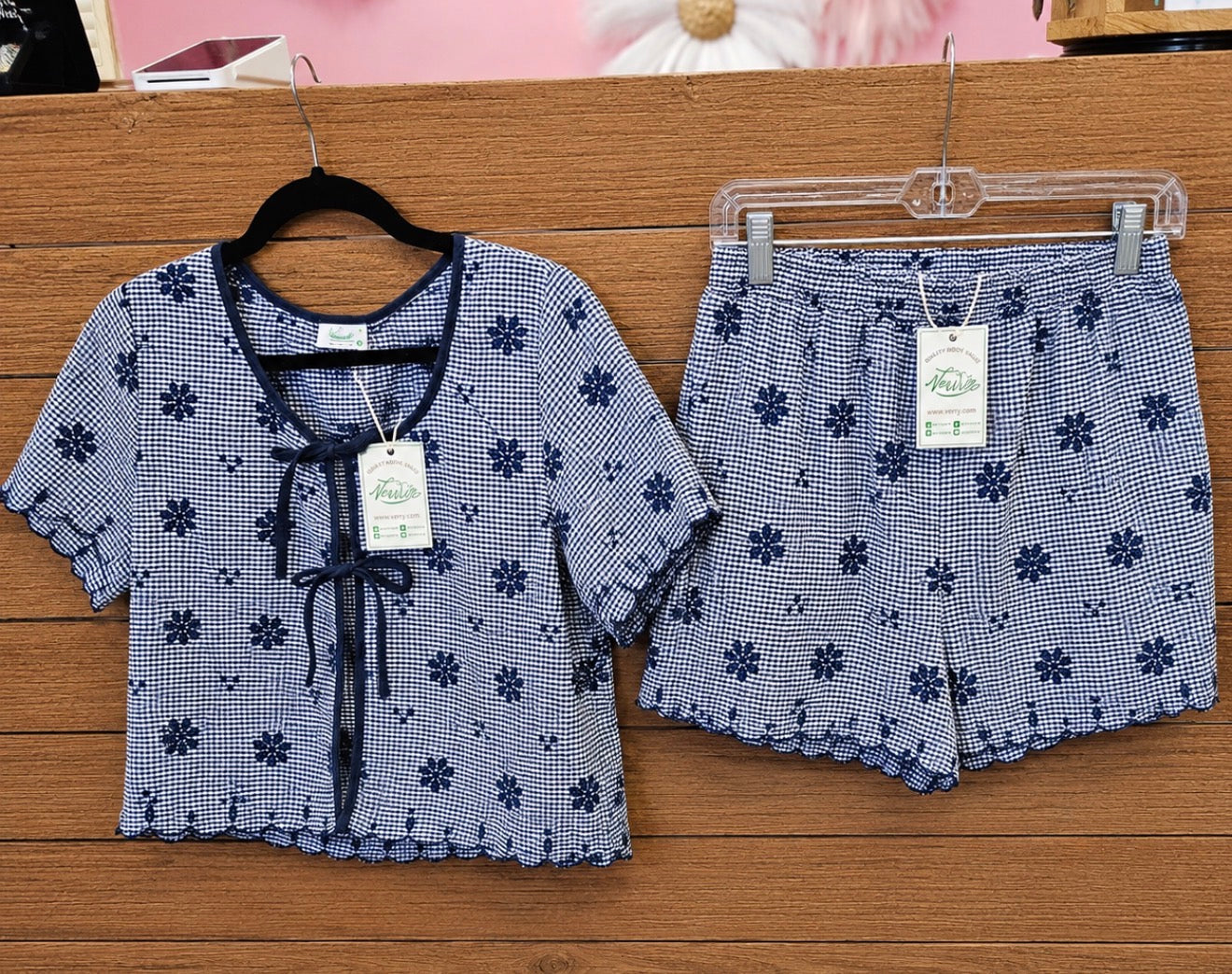 Blue & White Gingham Shorts Set
