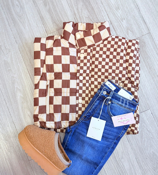 Checkered Puffer Vest Brown